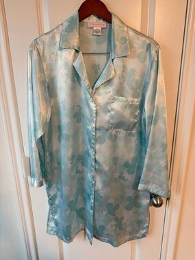 ⚡️Oscar de la Renta Pink Label Silky Light Blue Floral Button-Front Sleep Shirt